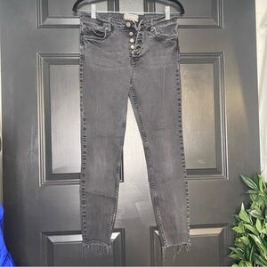 Free People Button Fly Skinny Jeans in Black with Raw Shredded Hem Size 29